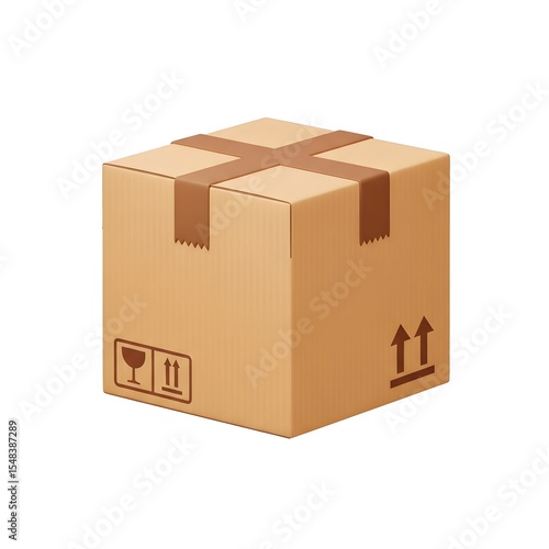 Closed Cardboard Box with Brown Tape on White Background