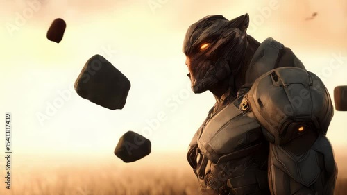 An alien warrior with glowing eyes and armor is standing in a rocky battlefield under a dramatic sky.
Concept of power and science fiction
