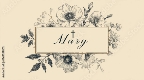 Delicate floral vector frame with central cross for Assumption of Mary religious presentations