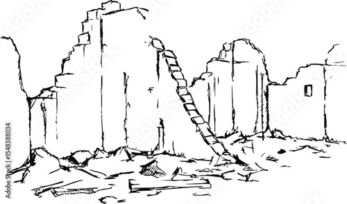 Ruined building sketch with broken walls and debris in black lines vector illustration 
