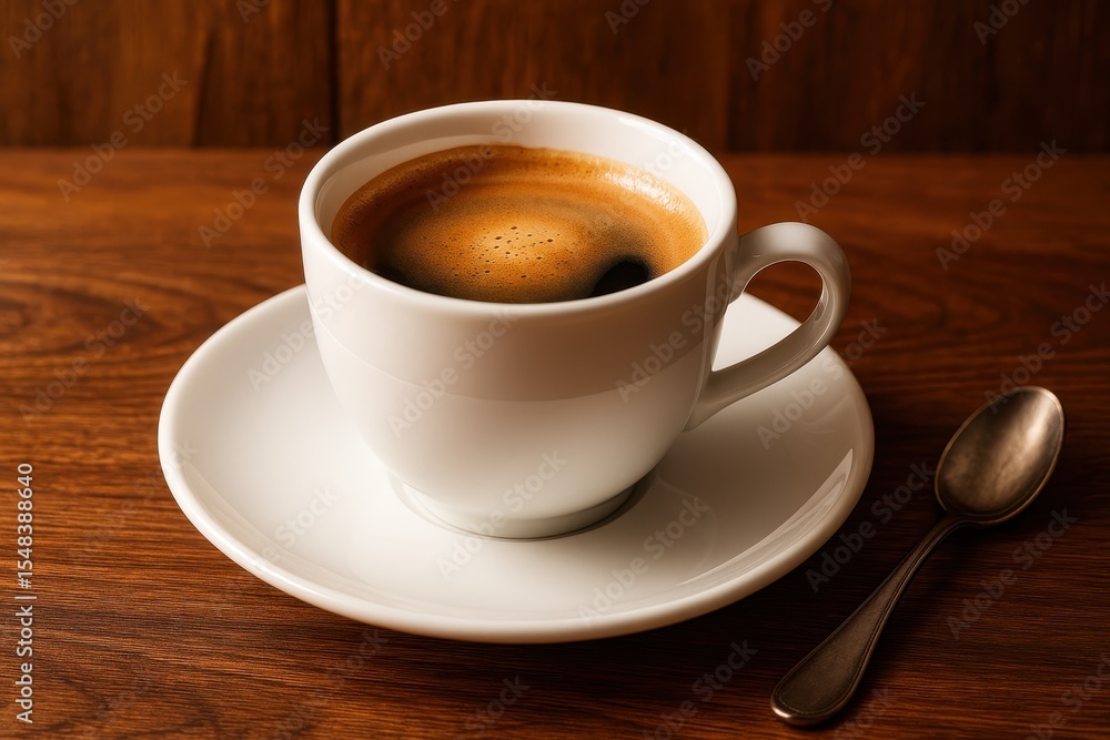 Obraz premium Artisanal coffee cup perfectly positioned on rustic wooden table in cozy café environment