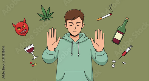 Man Refusing Drugs, Alcohol, and Temptation Anti-Addiction Vector Illustration