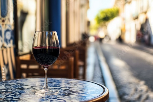  Wine glass on tiled table in Bairrada Portugal street, capturing winery ambiance and European charm