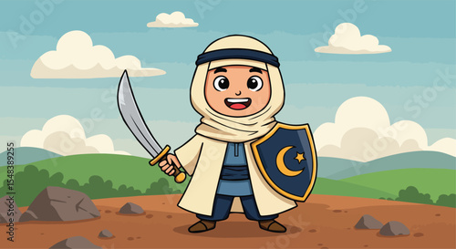 Cartoon of a Young Warrior Holding a Sword and Shield
