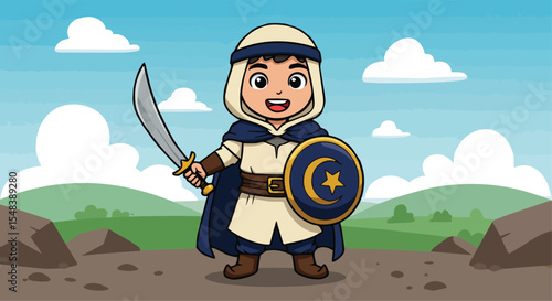 Cartoon of a Young Warrior Holding a Sword and Shield