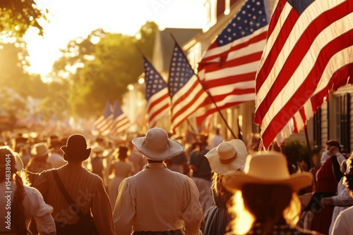  Festival parade celebrating USA Independence Day with people in period costumes and American flags waving in sunlight