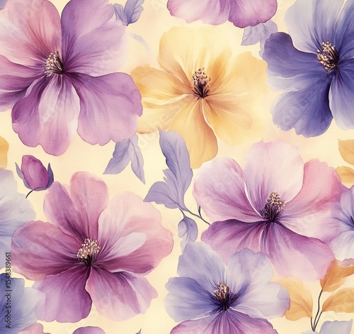 Soft watercolor floral design pastel blooms in gentle gradient hues of lavender pink and pale yellow elegant and serene pattern for fabric