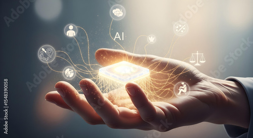 Conceptual Illustration of Human Hands Holding a Luminous AI Core, with Light Threads Connecting to Values Like Empathy and Fairness, Symbolizing Ethical AI.