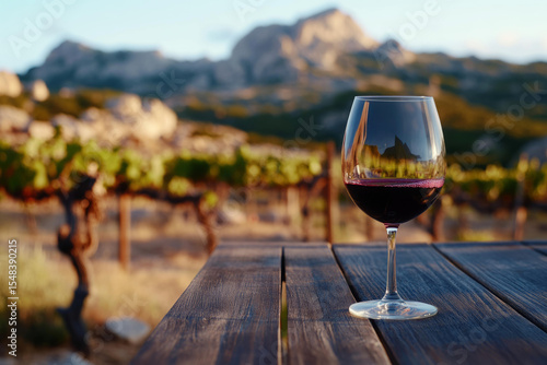  Wine glass on table with scenic vineyard view in Sardinia, Italy - winery ambiance under warm evening light
