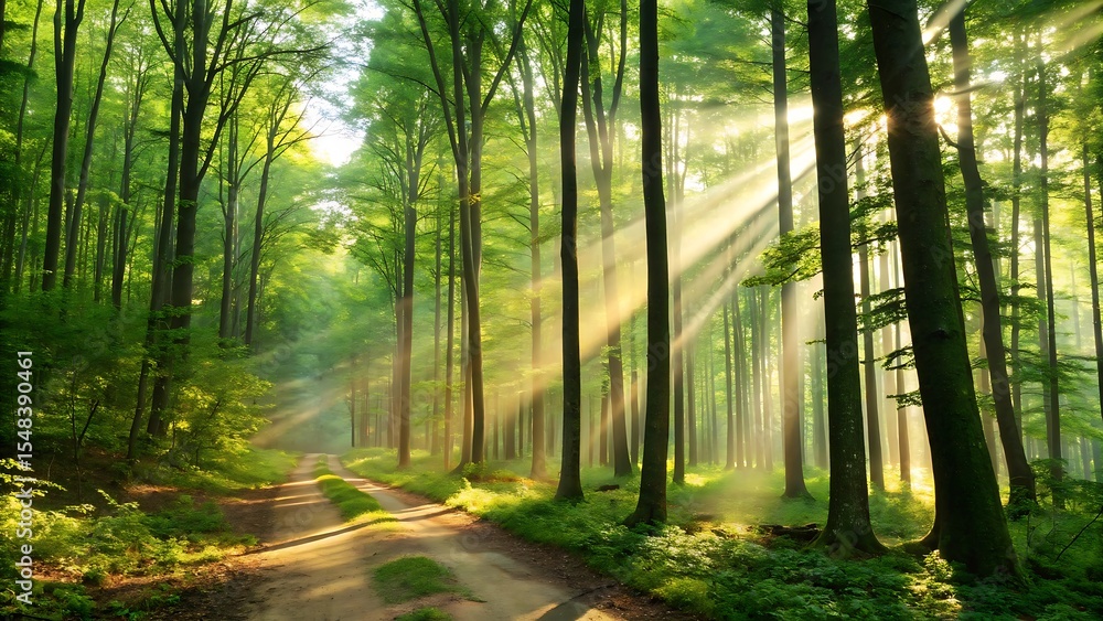 Obraz premium Sunlight beams through lush green forest trees onto a winding dirt path