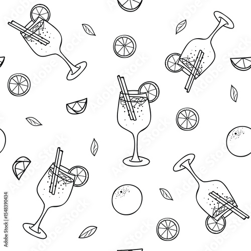 Aperol Spritz Cocktails graphic Seamless pattern. Hand drawn Vector illustration of aperol drink glass with orange fruit and slice in Doodle style. For restaurant menus, bar design.