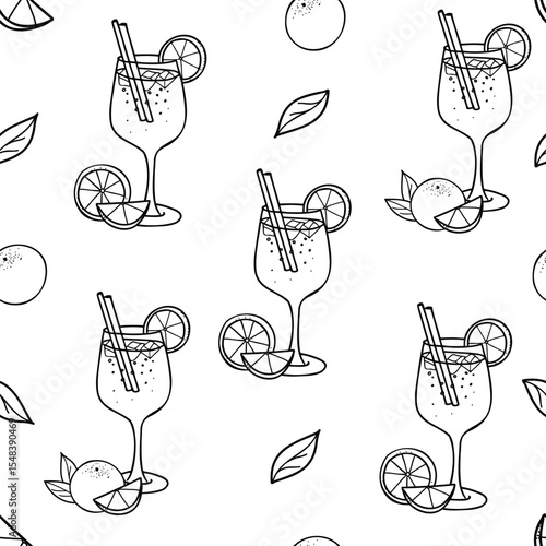 Cocktail Seamless pattern. Aperol Spritz and orange fruit. Hand drawn ink illustration in Doodle style. For restaurant menus, bar design.