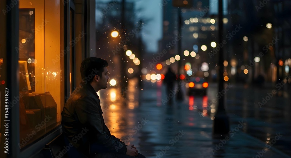 Obraz premium Candid Photograph of a Man in Quiet Contemplation, Observing Blurred City Lights Through a Rain-Streaked Window, Highlighting Urban Solitude and Serenity.