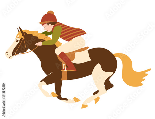 Young jockey riding a galloping pony in motion wearing striped outfit and red helmet