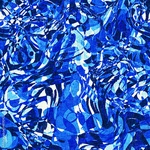 Dye wash indigo blue textur fabric effect background, Seamless glitch patched pattern in masculine Japanese block print style. 
