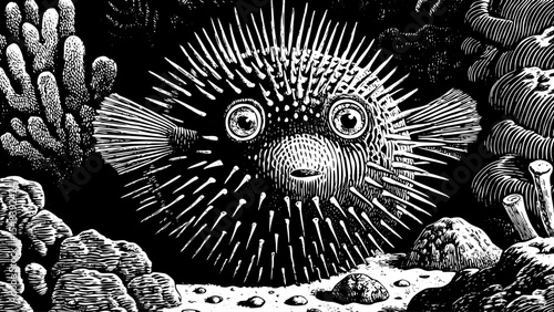 pufferfish with spiky defense pose and curious eyes in underwater, a black and white sketch vector