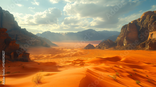 Sun-drenched desert valley with jagged cliffs. Windswept dunes lead into a misty horizon. Ideal for travel editorials, cinematic backdrops, or fantasy landscapes.

