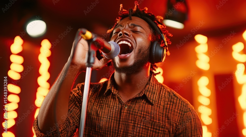 Obraz premium A passionate singer caught in a moment of intense performance, engaging the audience with heartfelt emotions, illuminated by vibrant lights, embodying the spirit of musical expression.