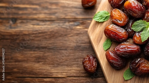 A beautiful arrangement of plump, fresh dates on a rustic wooden board garnished with mint leaves, highlighting its natural sweetness and rich texture in a warm setting.
