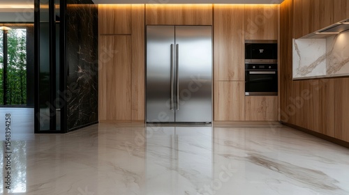This image showcases a contemporary kitchen featuring exquisite wooden cabinetry, sleek stainless steel appliances, and elegant marble flooring, perfect for modern living.