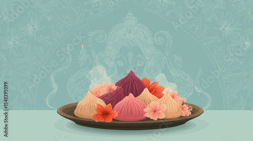 Decorative Modak offering plate with lotus flowers and Ganesha line art in festive vector style