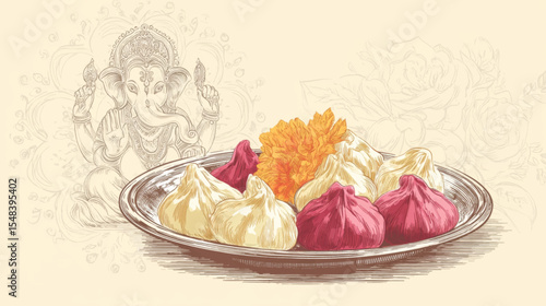 Decorative Modak offering plate with lotus flowers and Ganesha line art in festive vector style