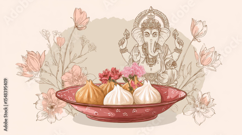 Decorative Modak offering plate with lotus flowers and Ganesha line art in festive vector style