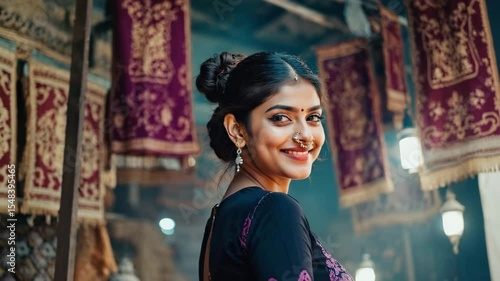 An Indian woman gazes over shoulder at rug store booth with smiling face. She exudes grace in traditional attire