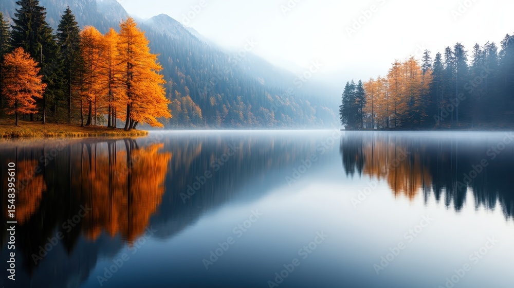 Fototapeta premium A tranquil lake reflecting vibrant autumn trees amidst fog, creating a peaceful scene that speaks to the beauty of nature and the changing seasons in a soothing landscape.