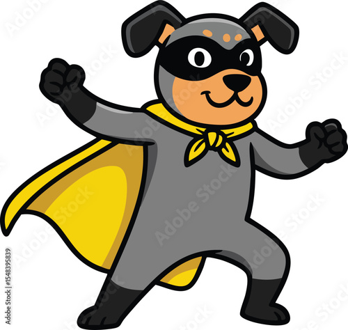 Superhero dog character in yellow cape and mask cartoon style vector illustration 