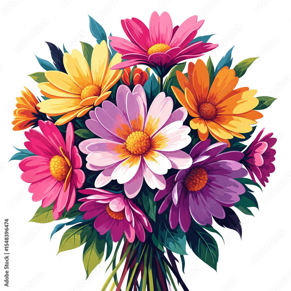 Fototapeta premium T-shirt print: illustration of a colorful bouquet of daisies, cheerful, floral arrangement, without background