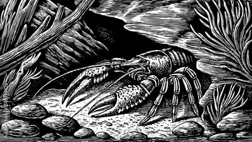lobster hiding among reef crevices with sharp claws  black and white sketch vector