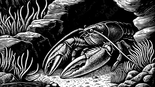 lobster hiding among reef crevices with sharp claws  black and white sketch vector