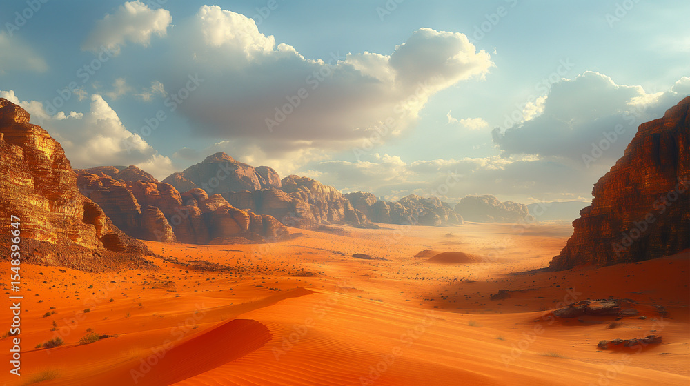 Fototapeta premium Blazing orange sand dunes glow under warm sunlight. Rugged canyon mountains shape the desert horizon. Perfect for travel promotions, arid region editorials, or cinematic backdrops.
