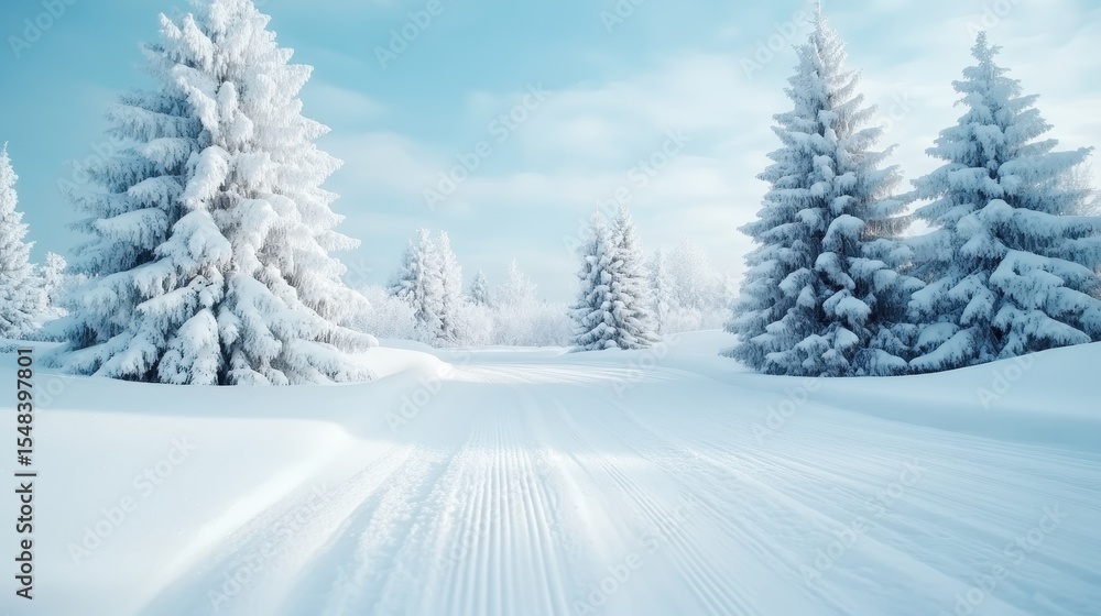 Fototapeta premium A picturesque winter landscape featuring snow-covered trees and a serene sky, inviting a sense of calm, tranquility and the beauty of nature in cold weather.