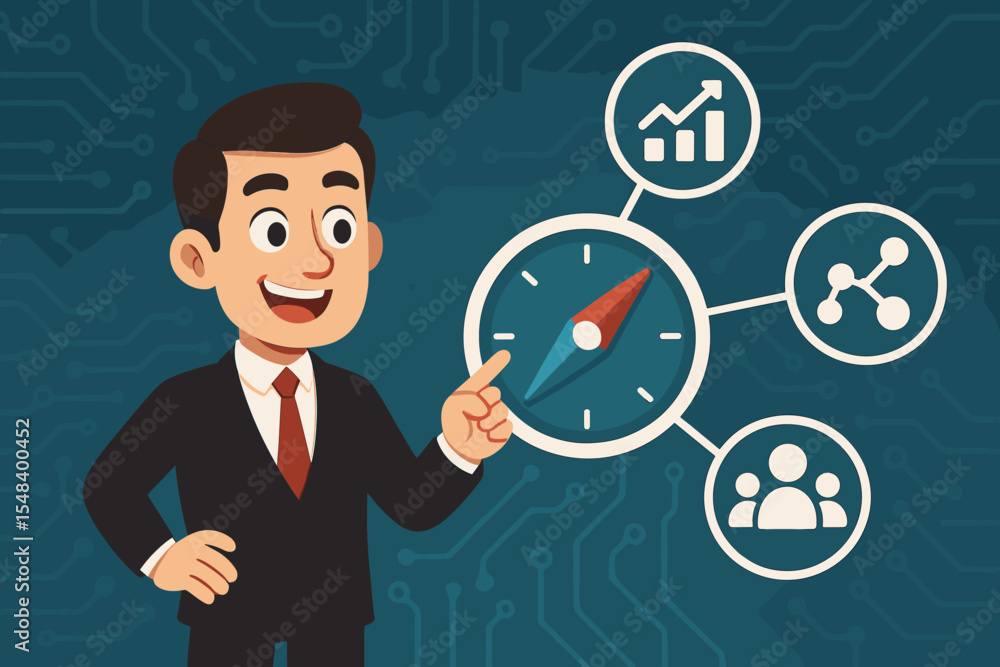 Tech-driven marketing strategy concept. Businessman using a compass for business guidance. Vector icon for data analytics, customer targeting, digital growth, and market direction. Tech-driven marketing strategy concept. Businessman using a compass for business guidance. Vector icon for data analytics, customer targeting, digital growth, and market direction.