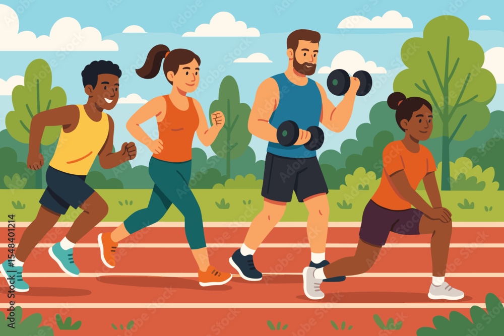 Diverse group of people exercising outdoors on a running track. Man lifting dumbbells, woman stretching, couple jogging. Healthy active lifestyle, fitness, and wellness concept. Diverse group of people exercising outdoors on a running track. Man lifting dumbbells, woman stretching, couple jogging. Healthy active lifestyle, fitness, and wellness concept.