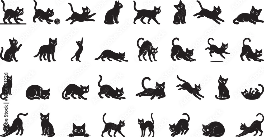 Fototapeta premium Black Cat Silhouettes Vector Set – Cute, Playful, Dynamic Cartoon Poses Isolated on White