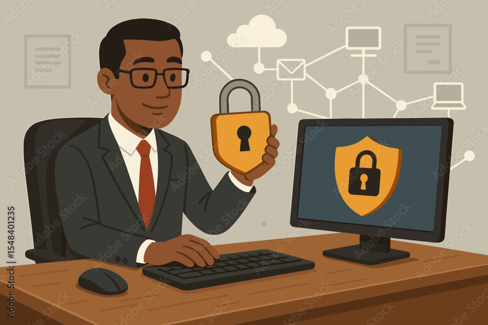 Cybersecurity and data privacy concept. Black businessman protects computer network. IT specialist with a padlock secures information online. Cloud safety and digital firewall protection vector. Cybersecurity and data privacy concept. Black businessman protects computer network. IT specialist with a padlock secures information online. Cloud safety and digital firewall protection vector.