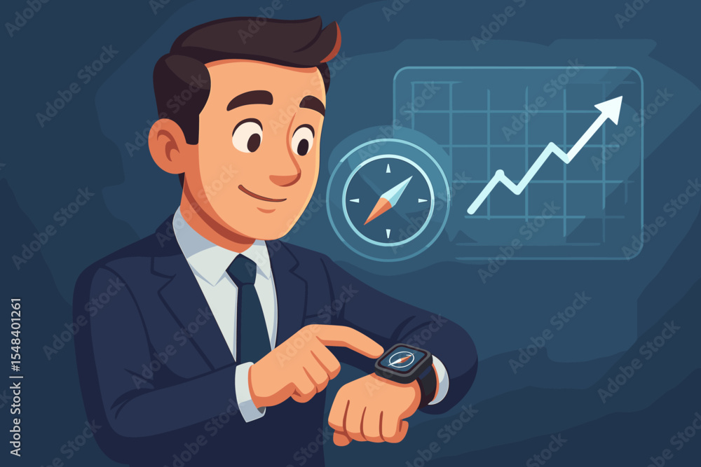 Businessman navigating the financial market with a smartwatch compass. A virtual screen shows a stock growth chart. Business strategy, investment guidance, and technology success concept. Businessman navigating the financial market with a smartwatch compass. A virtual screen shows a stock growth chart. Business strategy, investment guidance, and technology success concept.