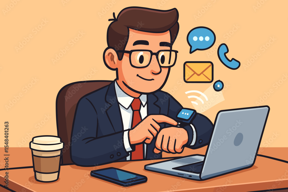 Businessman at office desk using smartwatch to check notifications. Multitasking concept with man managing email, calls and messages on wearable technology. Modern workplace cartoon vector. Businessman at office desk using smartwatch to check notifications. Multitasking concept with man managing email, calls and messages on wearable technology. Modern workplace cartoon vector.