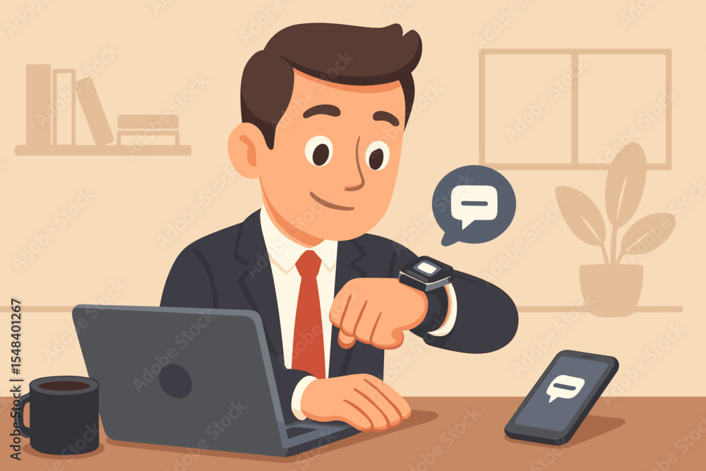 Businessman at office desk using smartwatch to check message notification. Professional employee multitasking with laptop and smartphone. Modern technology and communication concept. Businessman at office desk using smartwatch to check message notification. Professional employee multitasking with laptop and smartphone. Modern technology and communication concept.
