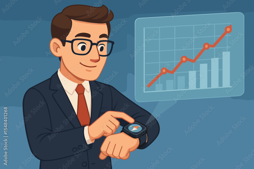 Businessman using smartwatch compass to navigate financial markets. Hologram shows stock data graph. Concept for business growth strategy, investment direction, success, analysis. Businessman using smartwatch compass to navigate financial markets. Hologram shows stock data graph. Concept for business growth strategy, investment direction, success, analysis.