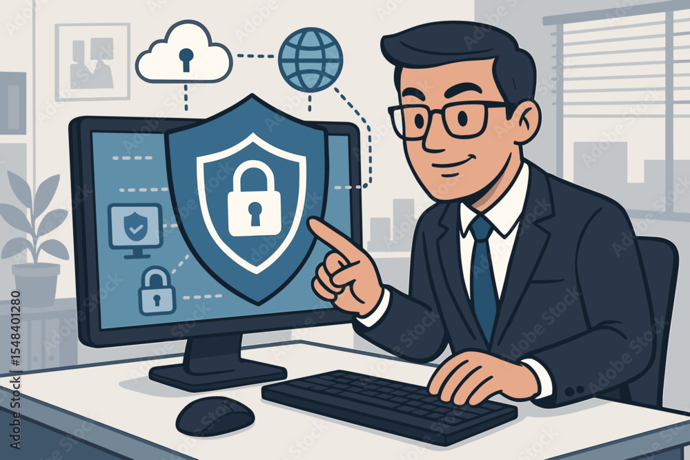 Cybersecurity concept with businessman pointing at computer screen with shield and lock. IT professional ensuring data protection, privacy, and network security. Cartoon vector illustration. Cybersecurity concept with businessman pointing at computer screen with shield and lock. IT professional ensuring data protection, privacy, and network security. Cartoon vector illustration.