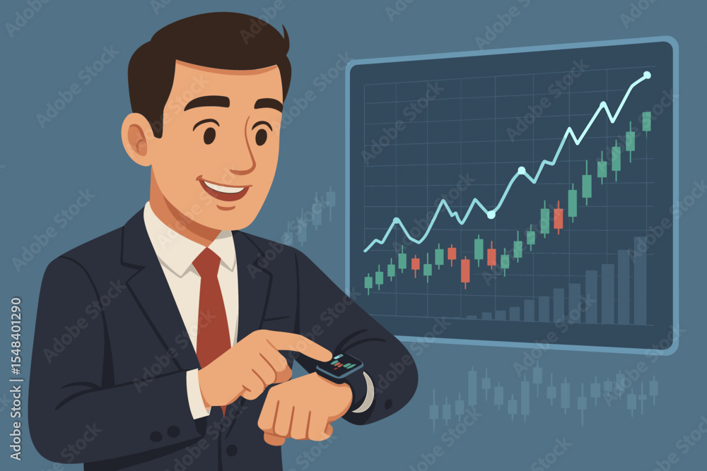 Stock market trading concept. Businessman using smartwatch app. Investor analyzing financial data on virtual screen. Forex crypto growth chart. Financial technology. Investment success. Stock market trading concept. Businessman using smartwatch app. Investor analyzing financial data on virtual screen. Forex crypto growth chart. Financial technology. Investment success.