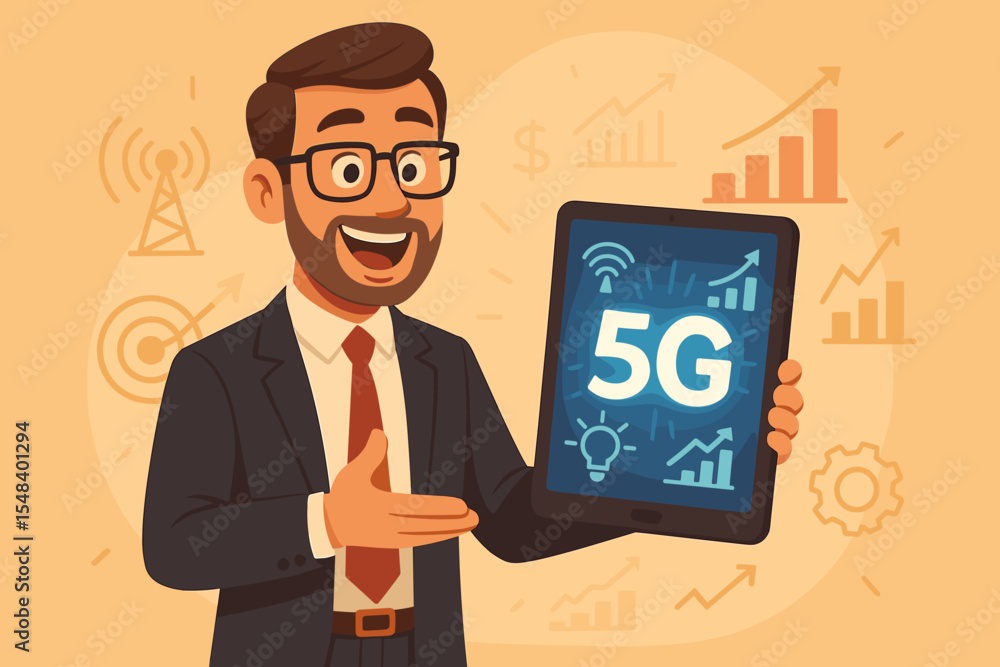 Happy businessman presenting 5G technology on a tablet. Concept of high-speed wireless internet connection for business growth, marketing strategy, and data analysis innovation. Happy businessman presenting 5G technology on a tablet. Concept of high-speed wireless internet connection for business growth, marketing strategy, and data analysis innovation.