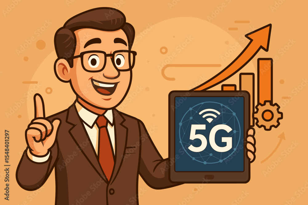 Businessman holding tablet with 5G technology symbol and rising bar graph, business growth and digital marketing concept, vector cartoon illustration for technology innovation and connectivity Businessman holding tablet with 5G technology symbol and rising bar graph, business growth and digital marketing concept, vector cartoon illustration for technology innovation and connectivity