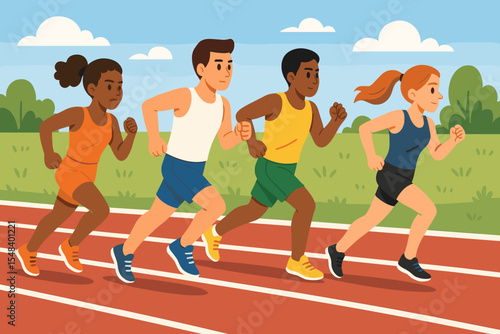 Athletics competition with diverse people running on a track field. Multiethnic runners competing in a marathon or sprint race. Concept of sport, fitness, and healthy lifestyle.