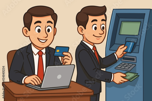 Businessman using credit card for online banking payment on laptop and withdrawing cash from an ATM. Financial transaction, electronic payment and money withdrawal vector concept.