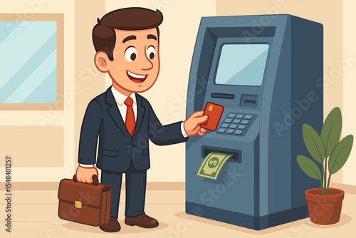 Cartoon businessman using ATM to withdraw money. Professional man with briefcase makes a cash transaction with a credit card at a bank terminal. Finance and banking vector concept.